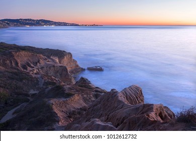 Scenic Panoramic Sunset Landscape Of Distant La Jolla Shores And Pacific Ocean From Torrey Pines State Park North Of San Diego California