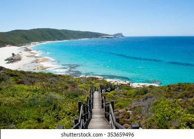 Scenic panoramic view of cliff coast and Cable Beach at Torndirrup National Park, Albany, Western Australia, wild Southern Ocean, blue sky, copy space. - Shutterstock ID 353659496