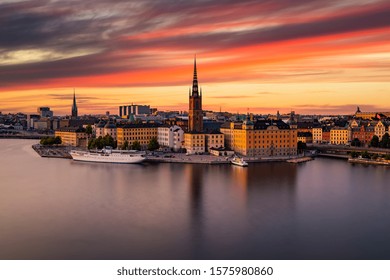 Scenic panoramic view of Gamla Stan, in the Old Town in Stockholm at sunset, capital of Sweden