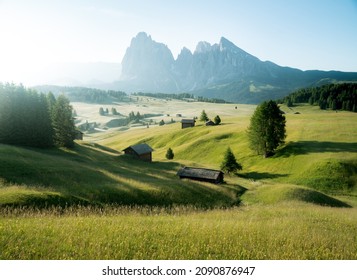 Scenic panoramic view of idyllic Dolomites mountain scenery with traditional wooden mountain huts at Alpe di Siusi in beautiful morning light at sunrise in spring, South Tyrol, northern Italy