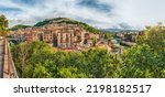 Scenic panoramic view of the Old Town with the Crathis and Busento Rivers framing historic buildings in Cosenza, Calabria, Italy