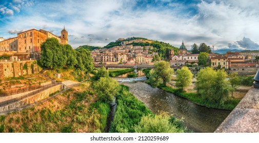 Scenic panoramic view of the Old Town with the Crathis and Busento Rivers framing historic buildings in Cosenza, Calabria, Italy