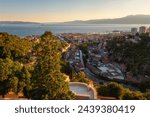 Scenic panoramic view of Rijeka port city on Adriatic seacoast from Trsat castle, beautiful cityscape in sunset light, Kvarner bay, Croatia. Outdoor travel background