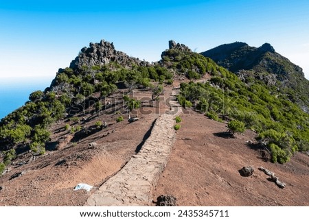 Scenic paved hiking trail to mountain peak Pico Ruivo, Madeira island, Portugal, Europe. Panoramic view of rugged terrain and rockformations. Path along subtropical landscape. Wanderlust in nature