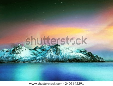 Scenic photo of winter fishing village with northern lights. stunning natural background. Picturesque Scenery of Reinefjord one most popular place of Lofoten islands. Norway. ideal resting place.
