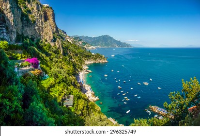 Scenic picture-postcard view of famous Amalfi Coast with beautiful Gulf of Salerno, Campania, Italy