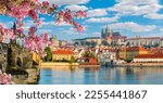Scenic Prague panorama with Hradcany castle and Vltava river in spring, Czech Republic
