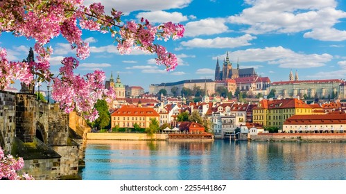 Scenic Prague panorama with Hradcany castle and Vltava river in spring, Czech Republic