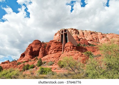 Scenic Red Stone Landscape Of Sedona With Holy Chapel, In Arizona