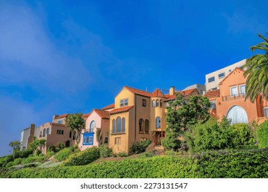 Scenic residential views with colorful houses in San Francisco Califronia. Exterior of homes in a peaceful neighborhood with vibrant foliage and blue sky on a sunny day.