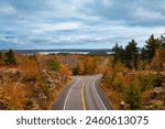 Scenic road along the Acadia National Park, Maine, USA, with the autumn foliage colors and the sea on the background.