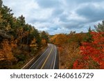 Scenic road along the Acadia National Park, Maine, USA, with the autumn foliage colors; Concept for road trip and travel in the USA