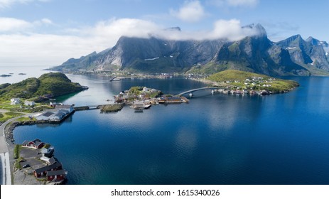 Scenic Road Bridges Connecting Islands On Lofoten In Norway. View From Above. Summer Panorama.