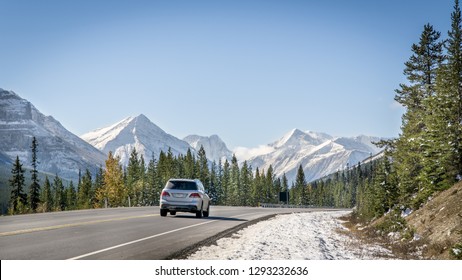 Scenic Road In The Canadian Rockies Mountains During A Sunny Winter Day, Banff, Canada