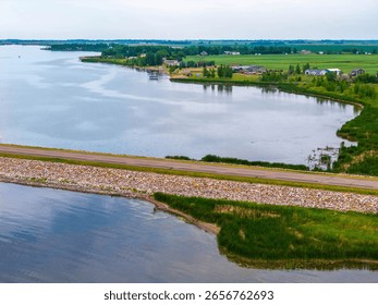 A scenic road extending into Devils Lake, North Dakota, connecting the mainland to Grahams Island State Park