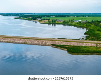 A scenic road extending into Devils Lake, North Dakota, connecting the mainland to Grahams Island State Park