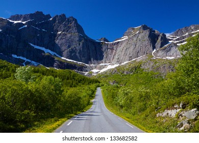 Scenic Road On Lofoten Islands In Norway On Sunny Summer Day