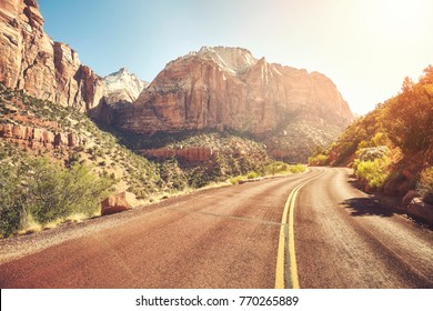 Scenic Road At Sunset, Travel Concept, Color Toned Picture, Zion National Park, USA.