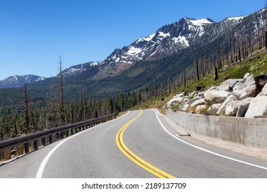 Scenic Road Surrounded By Trees And Mountains On A Sunny Day. Summer Season. Lake Tahoe, California, United States. Adventure Travel.