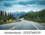 Scenic road trip with rocky mountains and pine forest on the road during autumn in overcast day at Banff national park, Alberta, Canada