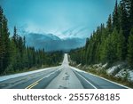 Scenic road trip with rocky mountains and pine forest on the road during autumn in overcast day at Banff national park, Alberta, Canada