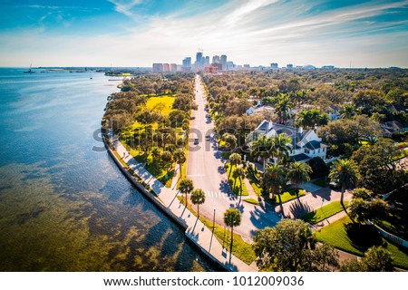 The scenic road where ocean meets city view to Downtown Saint Petersburg, Florida.
