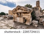 Scenic ruins of the Corinthian order East Triumphal Arch at the ancient the Sanctuary of Demeter in Eleusis, Attica Greece.