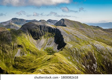 Scenic Scottish landscape. Mamores hills in Scottish Highlands on a cloudy summer day. 
