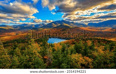 A scenic shot of the Adirondacks in the background of the fall forest