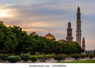 Scenic Side View Of Sultan Qaboos Grand Mosque, Sultanate Of Oman.