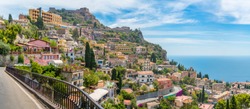 Scenic Sight In Taormina, Famous Beautiful City In The Province Of Messina, Sicily, Southern Italy.