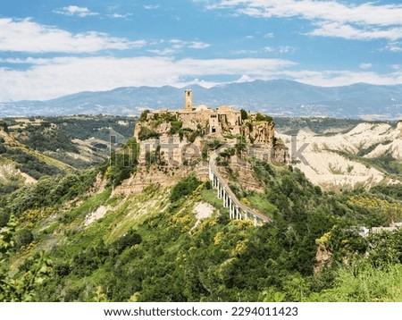 Scenic site of Civita di Bagnoregio, small village aproachable only by footbridge climbing to the isolated stone houses on the top of the hill