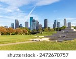 scenic skyline of Houston, Texas in morning light seen from Buffalo bayou park