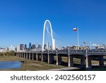 scenic skyline Panorama of Downtown Dallas seen from Trinity River with Margaret hunt hill bridge, Texas