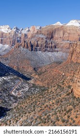 Scenic Snow Covered Landscape In Zion National Park Utah In Winter