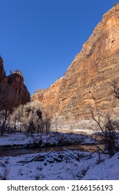 Scenic Snow Covered Landscape In Zion National Park Utah In Winter