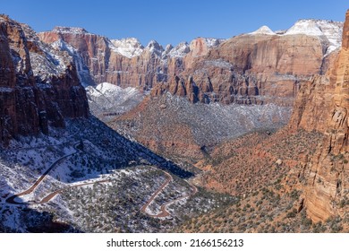 Scenic Snow Covered Landscape In Zion National Park Utah In Winter