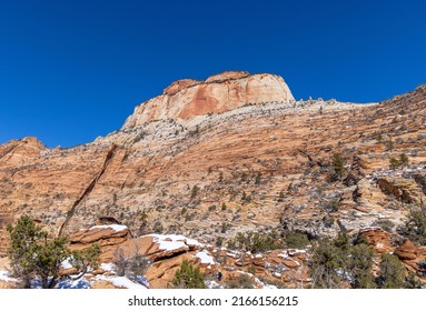 Scenic Snow Covered Landscape In Zion National Park Utah In Winter