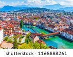 Scenic summer aerial panorama of the Old Town medieval architecture in Lucerne, Switzerland