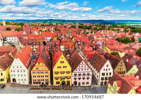 Scenic summer aerial panorama of the Old Town architecture and Market Square in Rothenburg ob der Tauber, Bavaria, Germany