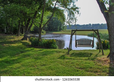 Scenic Summer day, with pond, trees, wood swing, hammock, and daffodils