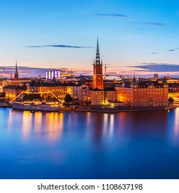 Scenic summer evening panorama of the Old Town (Gamla Stan) architecture pier in Stockholm, Sweden