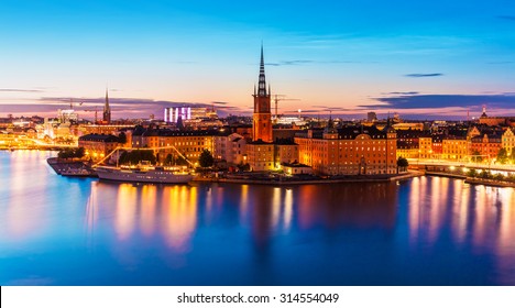 Scenic summer night panorama of the Old Town (Gamla Stan) architecture pier in Stockholm, Sweden