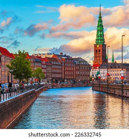 Scenic Summer Sunset In The Old Town Of Copenhagen, Denmark