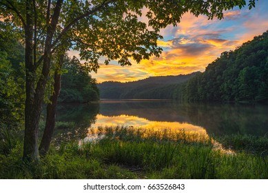 Scenic Summer Sunset Over Calm Mountain Lake, Appalachian Mountains