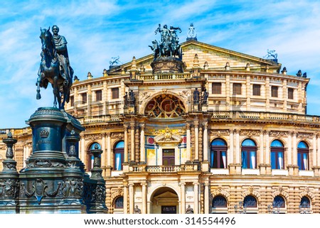 Scenic summer view of Semper Opera House and Monument to King John in Dresden, Saxony, Germany