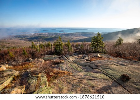 Scenic sunrise at the top of Cadillac mountain North Ridge trail Acadia National park