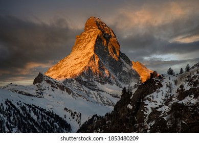 Scenic sunrise view of Matterhorn, one of the most famous and iconic Swiss mountains, Zermatt, Valais, Switzerland