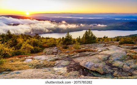 Scenic sunset in Acadia National Park as seen from the top of Cadillac Mountain