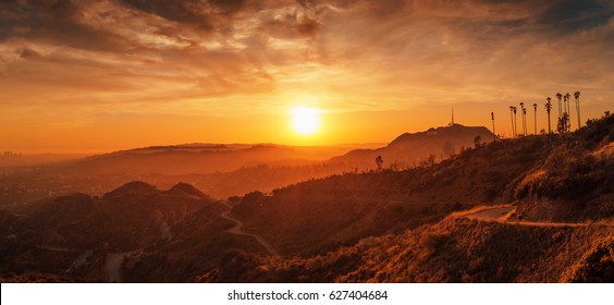 Scenic Sunset In Hollywood Hills, Los Angeles, California.